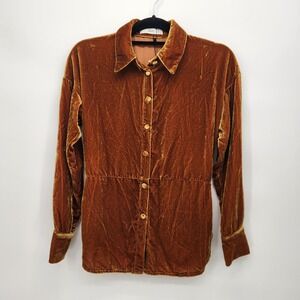 NWT MNG Brown Crushed Velvet Long Sleeve Button Up Women's Top Size 2 (XS)